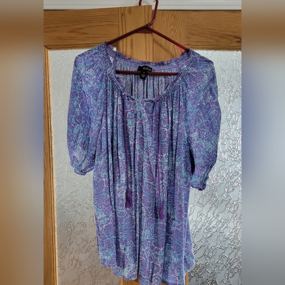 Erika. Boho.  short sleeve blouse. 2X purples and teals